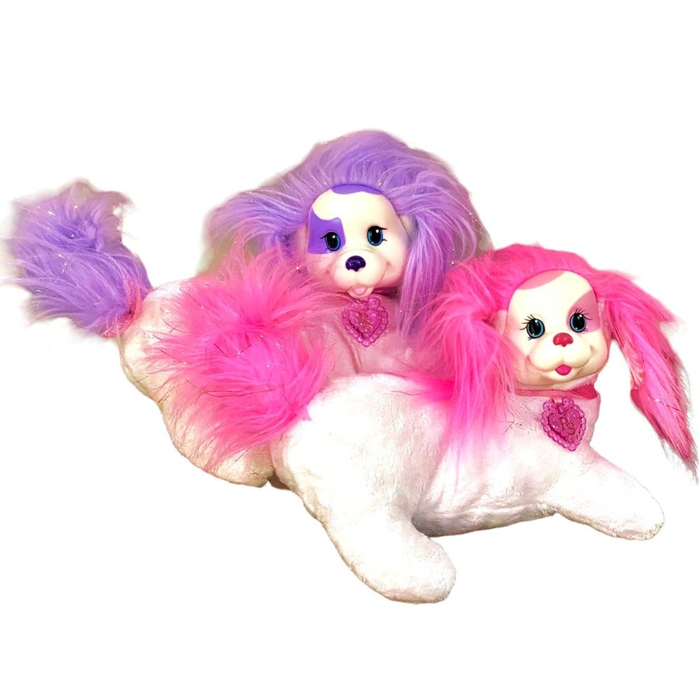 2 Puppy Surprise Plush 13" Purple Pink Hair Just Play 2014 Mommy Dogs NO PUPPIES